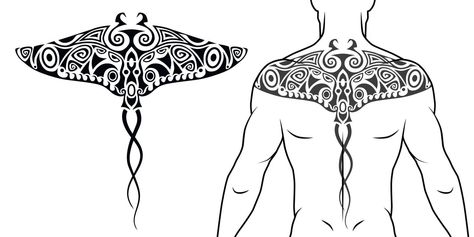 Maori tribal style tattoo pattern with manta ray fit for a back, chest. With example on body. For tattoo studio catalog. Manta Tattoo, Real Tattoos, Ray Tattoo, Vintage Tattoos, Charger Hellcat, Pirate Tattoo, Eagle Ray, Back Piece Tattoo, Maori Tattoo Designs