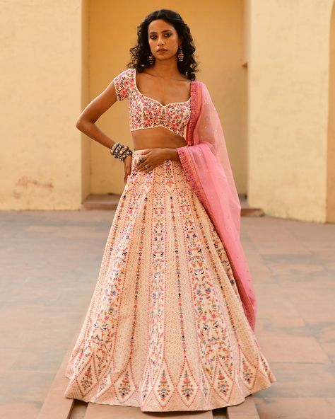 Shop this Anna Lehenga Set by Chamee & Palak at KYNAH. Silk Based Multi Hued Kashmiri Thread Embroidered Lehenga Paired With Matching Blouse and an Organza Dupatta With finely Embroidered Borders. Lehenga Silk, Skirt Silk, Wedding Blouse Designs, Vacuum Storage, Blouse Silk, Embroidered Lehenga, Wedding Blouse, Wedding Clothes, Embroidered Border