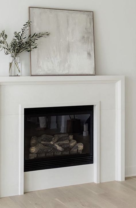 Modern Fire Surround Ideas, White Fireplace Surround Ideas, Contemporary Fireplace Surround, Modern Fireplace Surround Ideas, Minimal Fireplace Surround, Simple Wood Fireplace Surround, Simple White Fireplace, Insert Fireplace Ideas, Mid Century Modern Fireplace Mantle