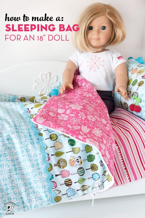 How to Make a sleeping bag for an American Girl or 18 doll. A cute sewing pattern for a sleeping bag. Doll Sleeping Bag Tutorial, Doll Sleeping Bag Pattern, American Girl Doll Sleeping Bag, Sleeping Bag Pattern, Doll Sleeping Bag, Burp Clothes, American Girl Diy, American Girl Doll Diy, Doll Items