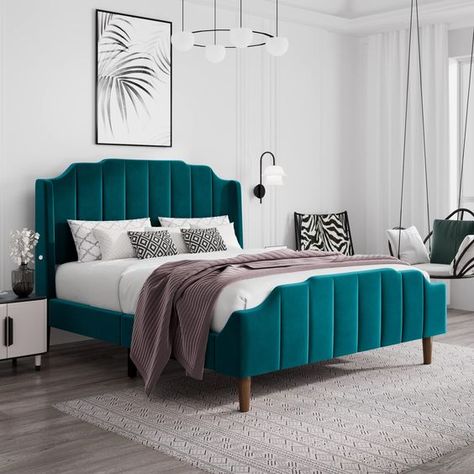 Downlights Living Room, Turquoise Bedding, Dark Bedroom Furniture, Velvet Bed Frame, Teal Bedding, Elegant Bedroom Decor, Velvet Upholstered Bed, Queen Size Platform Bed, Bedroom Decor For Couples