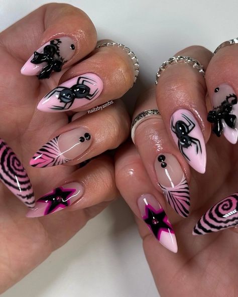 🕷️💓 fave color combo • @functionofvex (code AMBZ10) - aura melt (passion) - angled pigment brush - black void • #fallnails #halloweennails #nailinspo #aznailtech #gelxnails #gelxinspo #3Dnails #explore #explorepage Alt Almond Nails, Black And Pink Aura Nails, Hit Me Hard And Soft Nails, Black Pink Nails Designs, Pink And Black Stiletto Nails, Pink Nails Halloween, Cute Matching Nails, Matching Nail Ideas, Almond Halloween Nail Designs