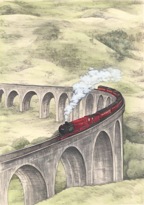 Hogwarts Express illustration by Natasha Gardos #hogwarts #harrypotter #childrensbooks #childrensillustrations Hogwarts Train Painting, Harry Potter Viaduct, Hogwarts Express Painting, Hogwarts Express Illustration, Hogwarts Express Train Drawing, Harry Potter Train Drawing, Hogwarts Train Drawing, Hogwarts Art Draw, Hogwarts Express Drawing