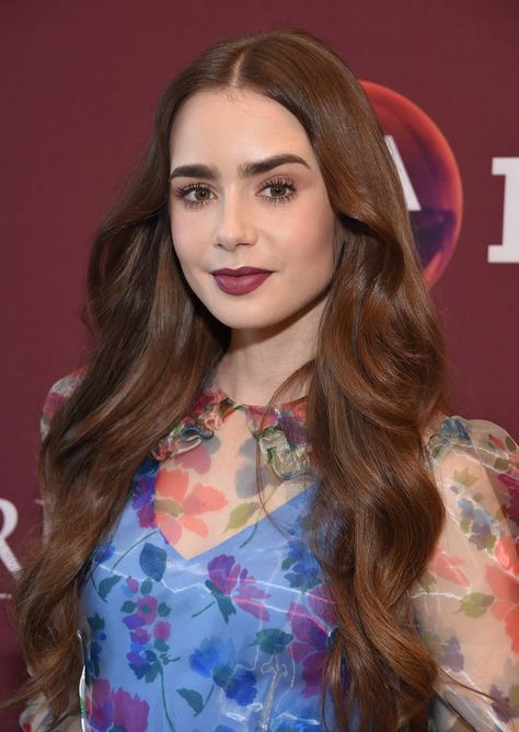 Lily Collins Hair, Chestnut Brown Hair, Lily Collins Style, Getting A Perm, Auburn Hair, Hair Color Balayage, Lily Collins, Fall Hair Colors, Silky Hair