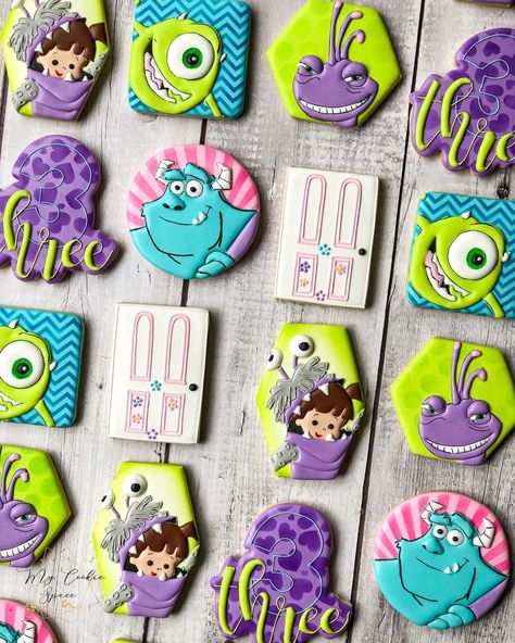 Cookie Monster Decorated Cookies, Monsters Inc Cookies Decorated, Monsters Inc Birthday Cookies, Monster Birthday Cookies, Two Scary Birthday Party Monsters Inc, Number One Cookies Decorated, Monsters Inc Dessert Table, Monster Sugar Cookies, Monster Inc Cupcakes Ideas