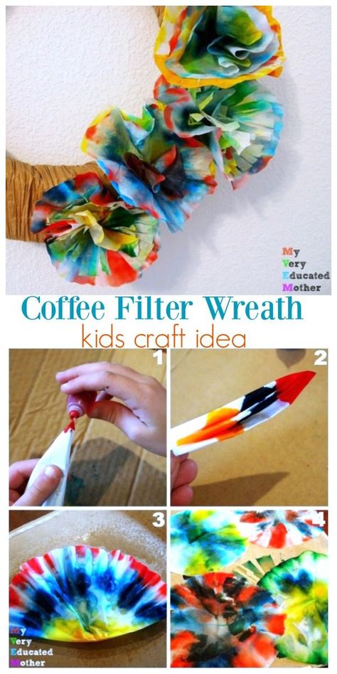 Flower Art Projects For Kids, Art Projects For Kids Easy, Flower Art Projects, Kids Easy Crafts, Coffee Filter Wreath, Recycled Crafts Kids, Coffee Filter Crafts, Coffee Filter Flowers, Spring Coffee