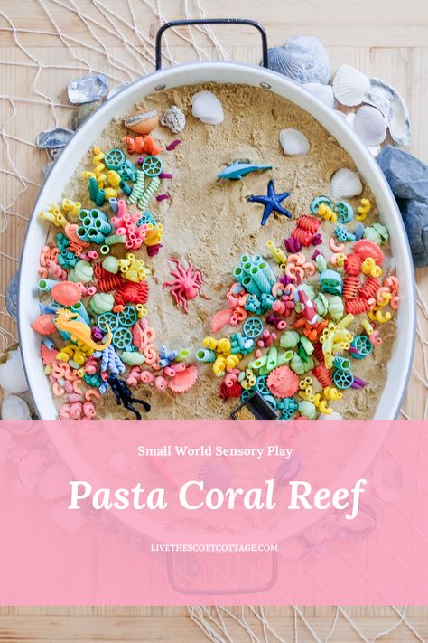 Sensory Coral Reef, Coral Reef Art Preschool, Coral Reef Tuff Tray, Pasta Tuff Tray Ideas, Pasta Coral Reef, Coral Reef Sensory Bin, Coral Reef Activities For Kids, Summer Tuff Tray Ideas, Small World Play Ideas