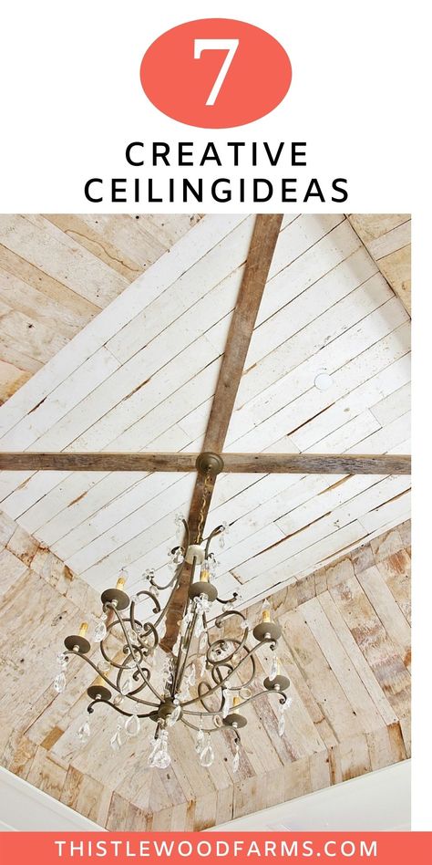 Trey Ceiling Ideas Bedroom, Sunroom Ceiling Ideas, Creative Ceiling Design, Small Coastal Cottage, Trey Ceilings, Trey Ceiling, Ceiling Design Ideas, Reclaimed Wood Beams, Plank Ceiling