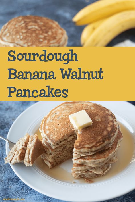 Sourdough Banana Walnut Pancakes - whattomunch.com Banana Walnut Pancakes, Walnut Pancakes, Sourdough Banana, Sourdough Pancakes, Banana Pancakes Recipe, Breakfast Easy, Banana Walnut, Banana Milk, Cinnamon Banana