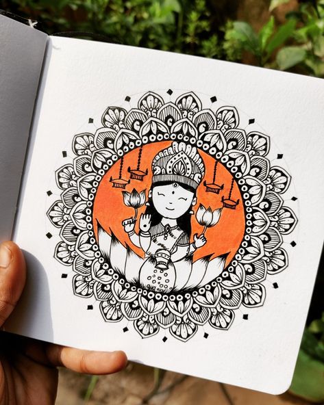 Cute doodle of Varalakshmi Indian goddess with Mandala Art Different Forms Of Indian Art, God Doodle Art, Goddess Mandala Art, Devi Mandala Art, Ram Painting, Drawing Therapy, Mandala Arts, Mini Mandala, Easy Mandala Drawing