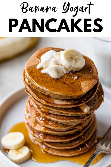 These crowd-pleasing Banana Yogurt Pancakes are easy to make because they're made in a blender! The batter is enhanced with bananas and yogurt, resulting in extra tender and fluffy pancakes with an irresistibly sweet banana-y flavor. Pancakes With Banana And Egg, Yogurt Banana Pancakes, Banana Blender Pancakes, Banana Greek Yogurt Pancakes, Banana And Yogurt Recipes, Banana And Egg Pancakes, Mediterranean Breakfasts, Banana Waffle Recipe, Greek Yogurt Pancakes Recipe