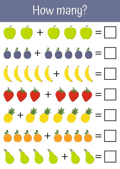 Colorful, playful math worksheets for early child development, addition, and subtraction exercises for preschool education, pedagogic use. Vegetables, fruits mathematic lists. Counting, how many game Fruits Math Activities Preschool, Fruits And Vegetables Activities, Math Preschool Worksheets, Math Worksheets For Preschoolers, Math Preschool, Free Math Printables, Worksheets For Preschoolers, Orange Room, Math Exercises