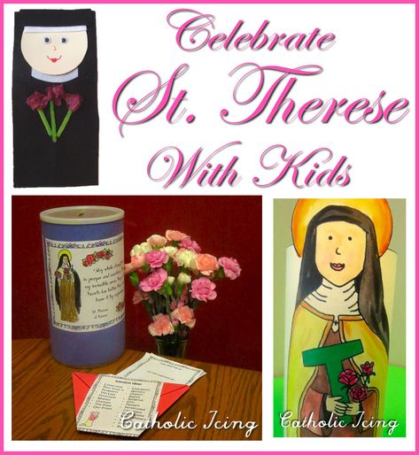 October 1- the feast day of St. Therese. Find lots of ideas to celebrate this day with kids here. Sacred Heart Devotion, Catholic Kids Crafts, Catholic Icing, Kids Faith, Saint Coloring, Saint Feast Days, Rose Crafts, St Therese Of Lisieux, Catholic Crafts