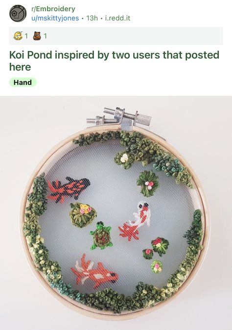 Koi Pond Embroidery, Pond Embroidery, Carp Pond, Embroidery Crafts, Anatomy For Artists, Simple Embroidery, Koi Pond, Embroidery Craft, Crafty Craft