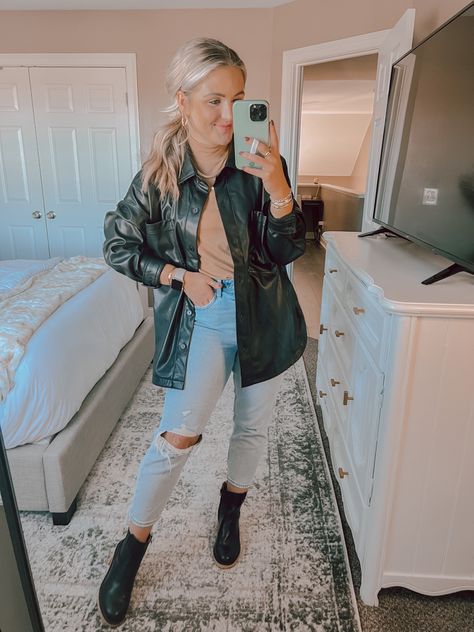 Leather Flannel Outfit, Faux Leather Button Up Shirt Outfit, Oversized Leather Shacket Outfit, Black Leather Shacket Outfit Women, Oversized Leather Shirt Outfit, Pleather Shacket Outfits, Target Style 2023, Black Leather Button Up Shirt Outfit, Leather Shacket Outfit Women