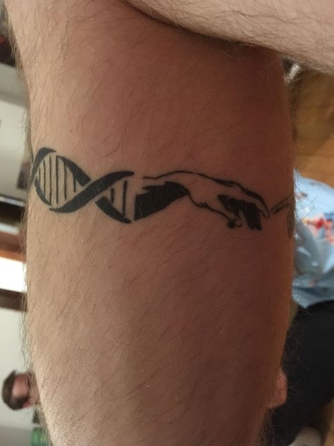 Creation of Adam / Double Helix calf band done by Clay at Grand Avenue Tattoo and Piercing Phoenix AZ Tattoo Mistakes, Tattoo Samples, Nerd Tattoo, Cross Tattoo For Men, Traditional Ink, R Tattoo, Double Helix, Phoenix Tattoo, Band Tattoo