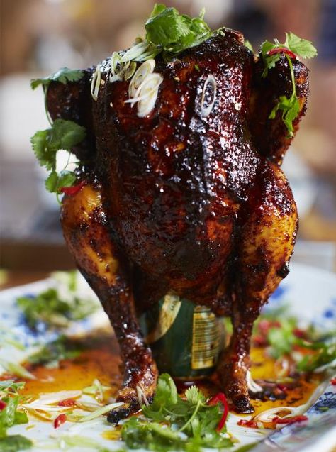 Sweet & spicy beer can chicken | Jamie Oliver | Food | Jamie Oliver (UK) Can Chicken Recipes, Can Chicken, Beer Can Chicken, Jamie Oliver Recipes, Roast Chicken Recipes, Munnar, Läcker Mat, Canned Chicken, Roast Chicken