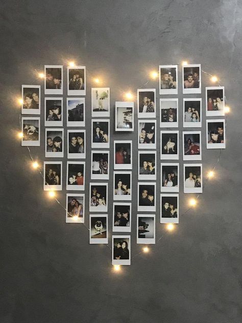 Room Decoration With Photos, Instax Heart Wall, Polaroid Photo Decoration, 6x4 Photo Wall Display, Heart Polaroid Wall, Cute Ways To Put Pictures On Your Wall, Polaroid Heart Wall, Polaroid Room Decor, Photo Wall Collage Bedroom Inspiration