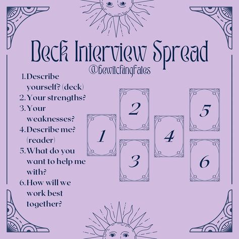 It’s been a while since I’ve shared a tarot or oracle spread for you. This is one to use as a Reader Check-in prompt. 1. What am I excelling in right now? 2. Where are my blind spots? 3. Which card represents me as a reader? Let me know if you’ll use it! I’ve, also, included my Deck Interview Spread from a long time ago since it’s been quite popular recently. 1. Describe yourself? (deck) 2. Your strengths? 3. Your weaknesses? 4. Describe me? (reader) 5. What do you want to help me... Deck Interview Spread, Diy Oracle Cards, Deck Interview, Oracle Card Spreads, Tarot Interpretation, Witch Board, Learning Tarot Cards, Tarot Card Spreads, Witch Spell Book