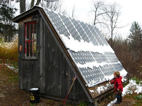 Produce More with Less. For instance, stack functionality so that the same space can do many things. Ground mounted solar panels are a smart choice, but they deprive you of usable land, unlike roof mounted panels. Use the space under the panels as a shed / chicken coop or to house a back-up power battery bank~like this solar shed. Or turn the panels into a rainwater harvesting system, by adding a gutter and cistern. | Sustainability | Tiny Homes Solar Thermal Panels, Solaire Diy, Solar Roof Tiles, Solar Thermal, Monocrystalline Solar Panels, Solar Energy Panels, Solar Panels For Home, Solar Roof, Best Solar Panels