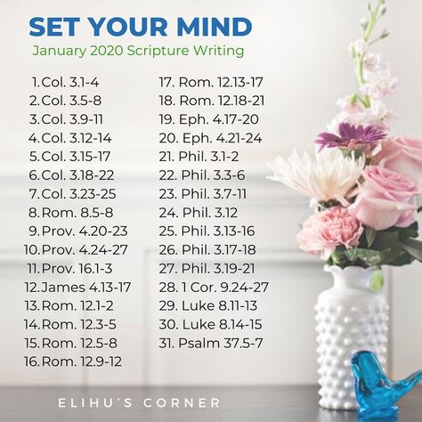 32 Likes, 0 Comments - Elihu's Corner (@elihuscorner) on Instagram: “2019 is almost over!  Many of us are making goals and plans for 2020 today. In all your planning…” January Bible Writing Plan, Daily Scripture Writing 2024, January Scripture Writing Plan 2024, Scripture Writing Plans 2023, Scriptures On The Mind, Bible Writing Plan, January Scripture Writing, Scripture Plans, Bible Writing