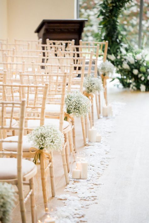 Gypsophila Wedding Ceremony, Minimal Aisle Decor, Wedding Aisle Indoor, Petals Down Aisle, Candlelit Wedding Ceremony, Romantic Candlelit Wedding, Wedding Aisle Candles, Millwick Wedding, Ceremony Aisle Decor