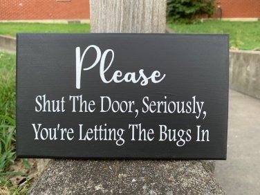 Please Shut Door You Letting Bugs In Wooden Entry Door Sign Office Door Signs, Wooden Door Sign, Shut The Door, Entry Signs, Exterior Signage, Entry Decor, Paint White, Wood Signs For Home, Wooden Door Signs