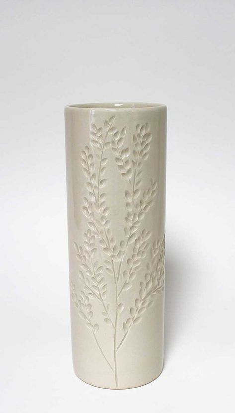 Branches Cylinder Vase Clay Cylinders, Carving Clay, Sgraffito Designs, Decoupage Candles, Coil Pottery, Slab Ceramics, Handmade Ceramics Pottery, Ceramic Texture, Sculptures Céramiques