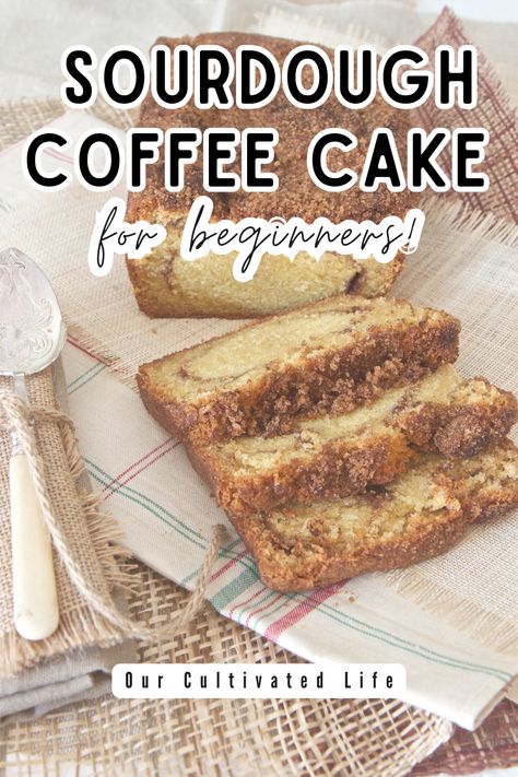 This sourdough coffee cake it perfect for beginners. It uses discard, so you don't have to worry about a perfectly active starter! Easy, simple, foolproof, and delicious! This sourdough coffee cake it sure to be a hit at your next brunch! sourdough / coffee cake / sourdough coffee cake / sourdough discard recipes / sourdough discard ideas / discard brunch recipes / sourdough brunch recipes Desserts Made With Sourdough Discard, What Can You Make With Sourdough Discard, Sourdough Discard Cinnamon Coffee Cake, Sourdough Discard Coffee Cake Muffins, Desserts Using Sourdough Discard, Sourdough Starter Cake Recipes, Sour Dough Coffee Cake Recipes, Recipes To Make With Sourdough Starter, Sourdough Discard Brunch Recipes