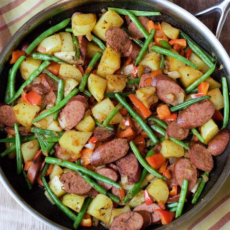 Green Beans On The Stove, Beans In Crock Pot, Sausage Potatoes And Green Beans, Sausage Potatoes Green Beans, Sausage And Green Beans, Sausage Beans, Sausage And Potatoes Skillet, Kielbasa And Potatoes, Skillet Green Beans