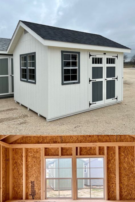 Comes with barn white w/ barn white trim color, dark gray doors & window trim with its added design details, Roof is black 30-year architectural shingles, our Classic storage buildings offer a versatile storage solution that can beautifully complement a variety of backyard settings. This makes it an ideal choice for many homeowners who seek both functionality and aesthetic appeal in their storage options. For additional information about this classic shed, please contact us. White Shed Black Trim, White Shed, Gray Doors, Storage Sheds For Sale, Shed Windows, Texas Lone Star, Storage Buildings, Dark Trim, Studio Shed