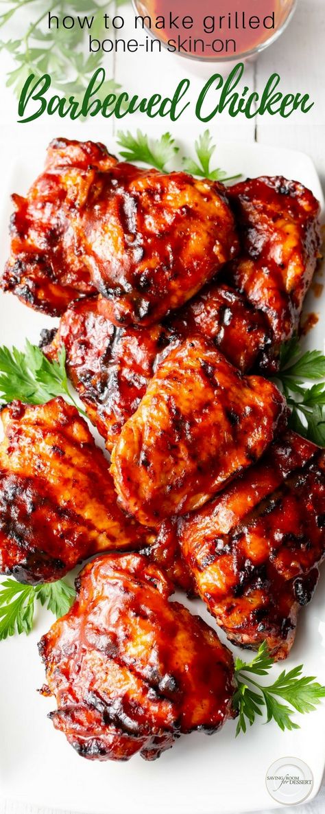 How to make grilled skin-on, bone-in Barbecued Chicken - An easy recipe with step-by-step directions for juicy, delicious grilled Barbecued Chicken without burning the outside and ending up with an undercooked middle! #savingroomfordessert #barbecuedchicken #grilledchicken #BBQchicken #chicken #barbecue #boneinchicken Chicken Barbecue, Barbecued Chicken, Barbeque Chicken, Hawaiian Chicken, Bbq Sauces, Barbecue Chicken, Grilled Chicken Recipes, Barbecue Recipes, Chicken Sandwich