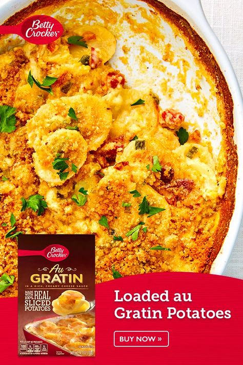 Like to add your own touches to a box mix? Try this deliciously loaded version of boxed potatoes. Betty Crocker Julienne Potatoes Recipes, Betty Crocker Au Gratin Potatoes, Betty Crocker Au Gratin Potato Recipes, Potatoes Au Gratin Recipe, Cheesy Potato Bake, Scalloped Potatoes Easy, Scalloped Potato, Au Gratin Potatoes, Gratin Potatoes