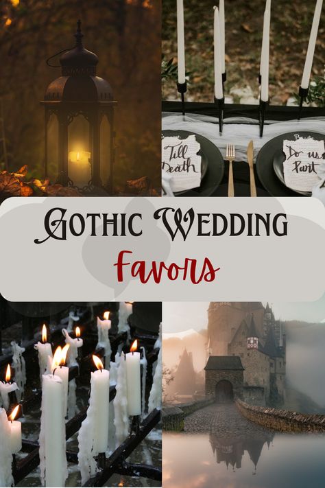 four pictures of gothic weddings from melted candles to gothic style castles and lanterns Gothic Wedding Reception Ideas, Gothic Wedding Diy Decorations, Gothic Witch Wedding, Gothic Wedding Signage, Pagan Wedding Favors, Halloween Wedding Favours, Cheap Gothic Wedding Ideas, Halloween Gothic Wedding, Gothic Wedding Shower Ideas