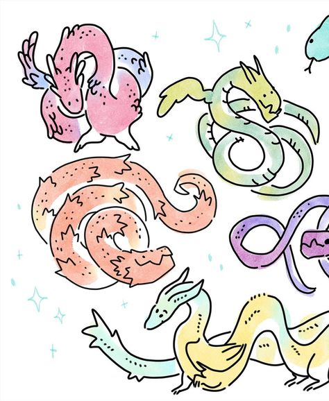 Noodle Dragon Art, Dragon Character Sheet, Cute Chinese Dragon Drawing, Dragon Cute Drawing, Dragon Reference Drawing, Dragon Illustration Cute, Cute Dragon Illustration, Cute Dragon Art, Noodle Dragon