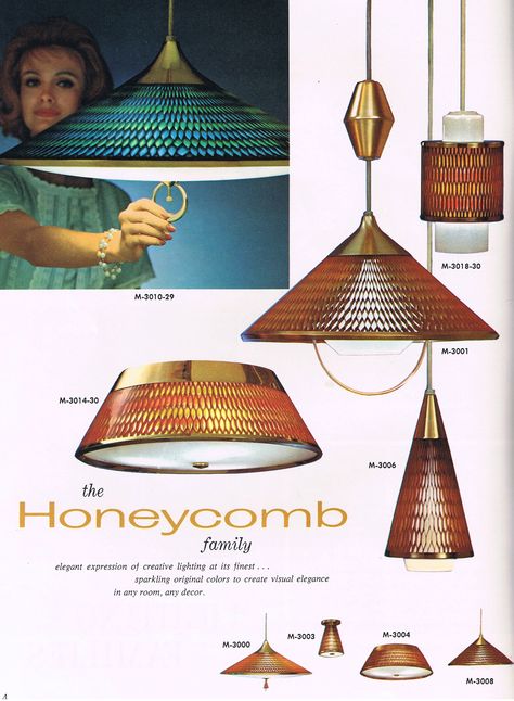 The Honeycomb Family From MOE | 1963 | MORE on http://www.pinterest.com/forwardlook/googie-mid-century-populuxe-atomic-etc/ Midcentury Lighting, Mid Century Modern Ceiling Light, Mid Century Light, Mid Century Interior, Paul Mccobb, Mid Century Living, Vintage Light Fixtures, Mid Century Modern Lighting, Mid Century Lighting