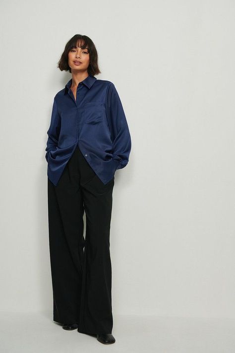 Satin Pantsuit, Satin Shirt Outfit, Satin Shirt, Na Kd, Shirt Outfit, Front Pocket, Duster Coat, Long Sleeves, Satin