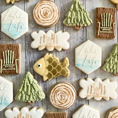 Lake Theme Cookies Decorated, Lake Cookie Ideas, Lake Decorated Cookies, Cabin Cookies, Lake Birthday, Baking Hobby, Lake Theme, Fish Cookies, Themed Cookies