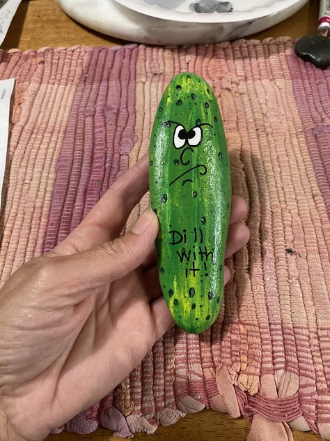 “Dill with it” pickle Pickle Rocks Painting, Dill Pickle Painted Rock, Cucumber Rock Painting, Painted Pickle Rocks, Pickle Rock Painting Ideas, Rock Painting Pickle, Pickle Painted Rock, Rock Friends, Decorated Rocks