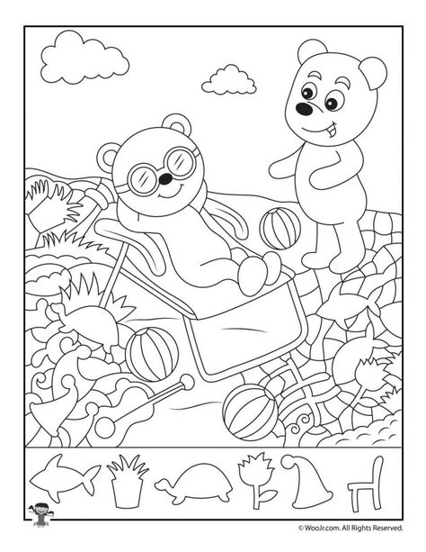 Printable Summer Hidden Pictures | Woo! Jr. Kids Activities English Puzzles, Hidden Picture Puzzles, Printable Puzzles For Kids, Kindergarten Skills, Kids Printables, Language Spanish, Hidden Pictures, Picture Puzzles