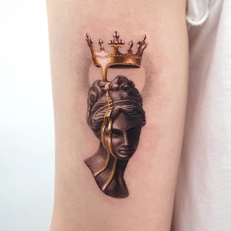 Tattoo artist Jiro | Seoul, South Korea | iNKPPL Crown Tattoo Ideas, Truth Tattoo, Queen Crown Tattoo, Pikachu Tattoo, Surreal Tattoo, Food Tattoos, Statue Tattoo, Greek Mythology Tattoos, Gold Tattoo