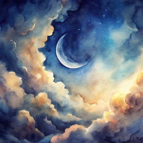 Moon Painting Ideas, Night Sky With Moon, Blue Crescent Moon, Moon And Clouds, Dark Blue Sky, Forest Falls, Cosmos Flowers, Fluffy Clouds, Moon Painting