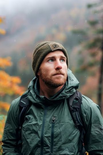 Premium Photo | Man in Green Jacket Looking Up Generative AI Hiking Photo Ideas, Hiking Photoshoot, Thinking Photos, Trekking Photography, Outdoor Poses, Hiking Photos, Hiking Clothes, Hiking Men, Lone Pine