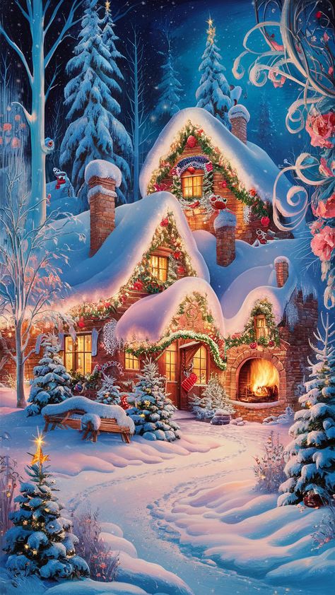 Step into a dreamlike holiday scene with our Christmas art print featuring a quaint cottage adorned with lights, nestled amidst frosted pines. Experience the warmth of the fireplace casting a golden glow on glistening snowflakes. This Impressionist-inspired artwork, infused with Art Nouveau floral designs, invites playful woodland creatures, embodying the whimsical spirit of the season. Perfect for holiday decor! #ChristmasArt #WinterWonderland #Impressionism Christmas Fantasy Art, Christmas Art Print, Christmas Globes, Dreamy Artwork, Quaint Cottage, Art Nouveau Floral, Quirky Art, Christmas Backdrops, Golden Glow