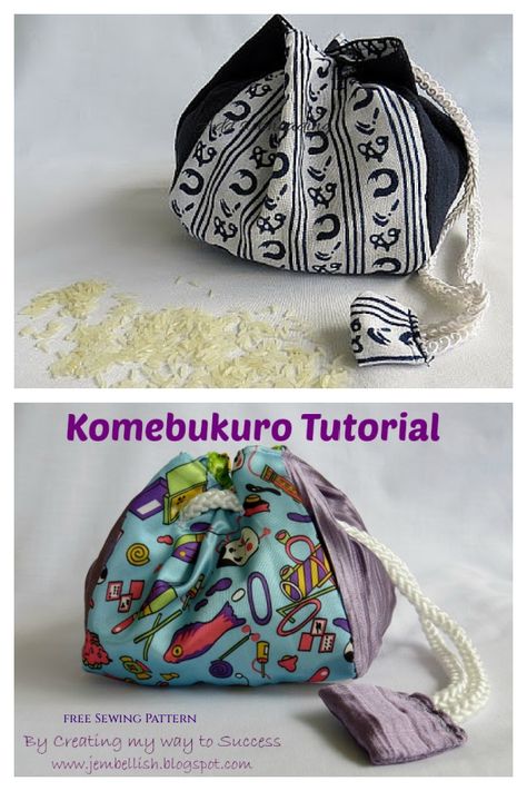 Komebukuro Japanese Drawstring Rice Bag Free Sewing Pattern Bag Free Sewing Pattern, Fabric Art Diy, Sewing Tutorials Bags, Recycle Crafts Diy, Rice Bag, Japanese Knot Bag, Big Handbags, Fabric Sewing Patterns, Rice Bags