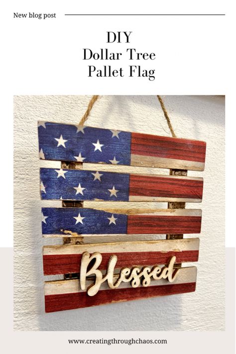 DIY Dollar Tree Pallet Flag - Creating Through Chaos Mini Pallet Ideas, July Crafts For Adults, Diy 4th Of July Crafts, Forth Of July Crafts, 4th Of July Wood Signs, Fouth Of July Crafts, Winter Gala, Dollartree Diy, 4th Of July Crafts