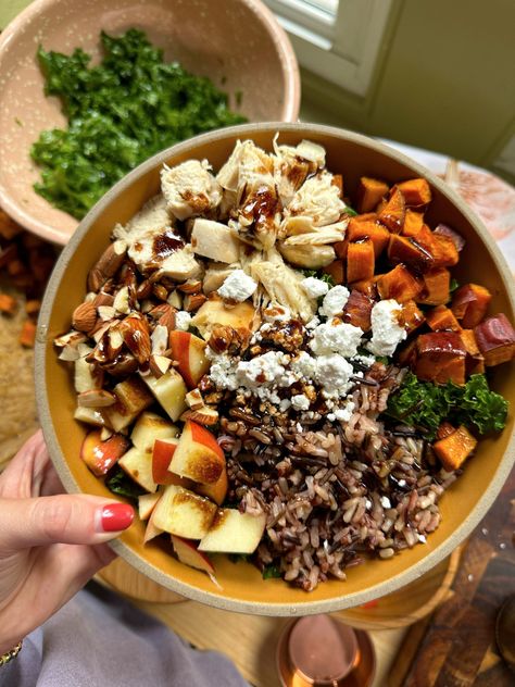 Crumbled Goat Cheese, Harvest Bowl, Harvest Salad, Fall Foods, Hawaiian Rolls, Gf Recipes, Balsamic Glaze, Wild Rice, Pinch Of Salt