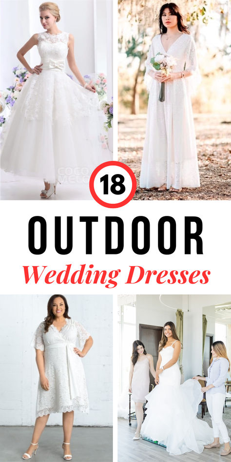 Find the perfect gown for your outdoor celebration with these 18 outdoor wedding dresses! Whether you’re saying "I do" in a garden, on a beach, or in a forest, these dresses blend comfort and style. From lightweight lace to bohemian silhouettes and flowing chiffon, each design is crafted for a natural, elegant vibe. Perfect for a stunning and effortless outdoor bridal look! 💍 #OutdoorWeddingDress #BohoBride #NatureInspiredBridalGown #WeddingInspo Garden Bride Dress, Backyard Wedding Dresses Simple, Wedding Garden Dress, Wedding Dresses Garden Outdoor, Casual Backyard Wedding Dress, Simple Backyard Wedding Dress, Elopement Outfit Brides Casual, Lakeside Wedding Dress, Simple Spring Wedding Dress