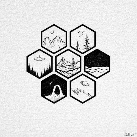 Space Nature Tattoo, Catan Tattoo, Geometric Ink Drawing, Hexagon Drawing Ideas, Hexagon Drawing, Hexagon Travel Tattoo, Hexagon Art Drawing, Black And White Drawings Aesthetic, Hexagon Art