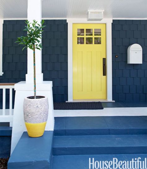 Beautiful Doors - entry craftsman door in Pratt and Lambert Casava via House Beautiful Yellow Front Door, Designer Paint Colors, Yellow Front Doors, Best Front Doors, Door Paint, Front Door Paint Colors, Yellow Door, Door Colors, Blue Exterior